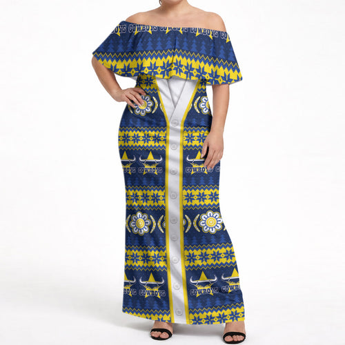 Cowboys Rugby Christmas Off Shoulder Maxi Dress Aboriginal Seamless Cardigan Inspired