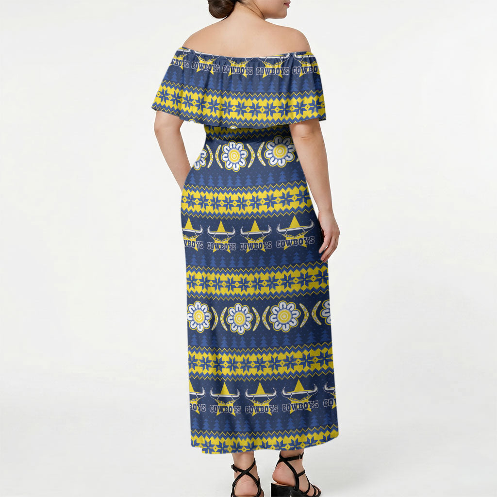 Cowboys Rugby Christmas Off Shoulder Maxi Dress Aboriginal Seamless Cardigan Inspired