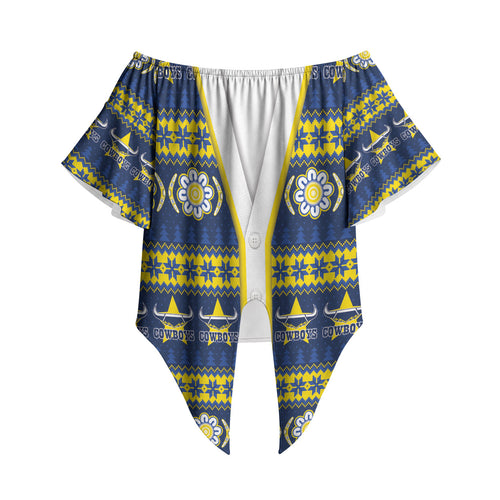 Cowboys Rugby Christmas Off Shoulder Wrap Waist Top Aboriginal Seamless Cardigan Inspired