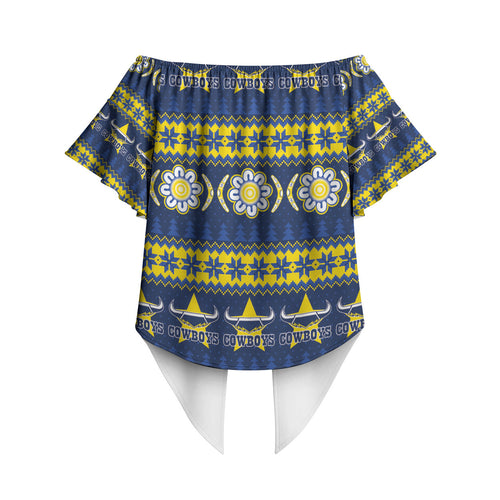 Cowboys Rugby Christmas Off Shoulder Wrap Waist Top Aboriginal Seamless Cardigan Inspired