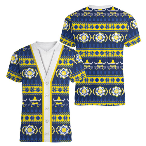 Cowboys Rugby Christmas Women V-Neck T-Shirt Aboriginal Seamless Cardigan Inspired