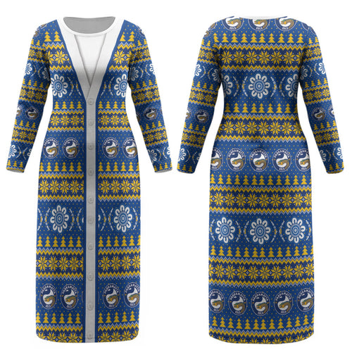 Eels Rugby Christmas Couples Matching Long Sleeve Bodycon Dress and Hawaiian Shirt Aboriginal Seamless Cardigan Inspired