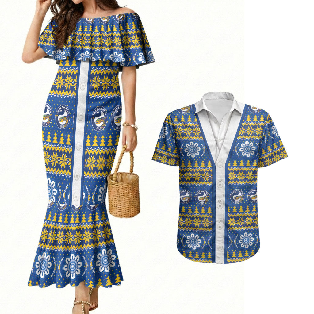 Eels Rugby Christmas Couples Matching Mermaid Dress and Hawaiian Shirt Aboriginal Seamless Cardigan Inspired