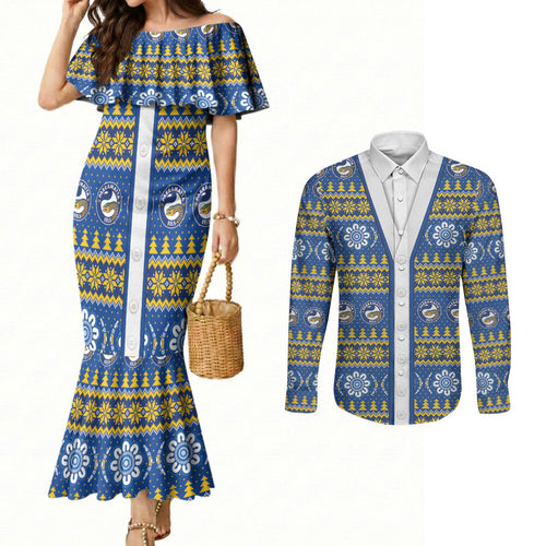 Eels Rugby Christmas Couples Matching Mermaid Dress and Long Sleeve Button Shirt Aboriginal Seamless Cardigan Inspired
