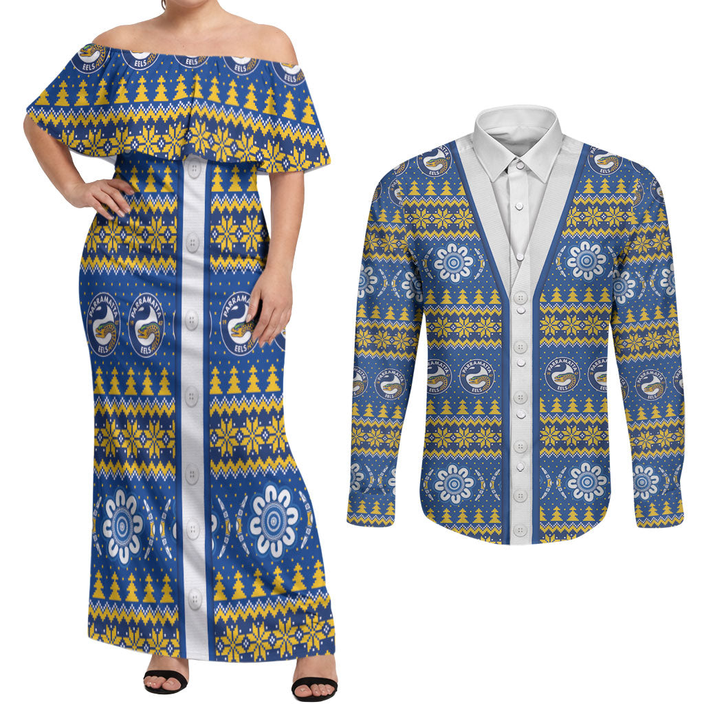 Eels Rugby Christmas Couples Matching Off Shoulder Maxi Dress and Long Sleeve Button Shirt Aboriginal Seamless Cardigan Inspired