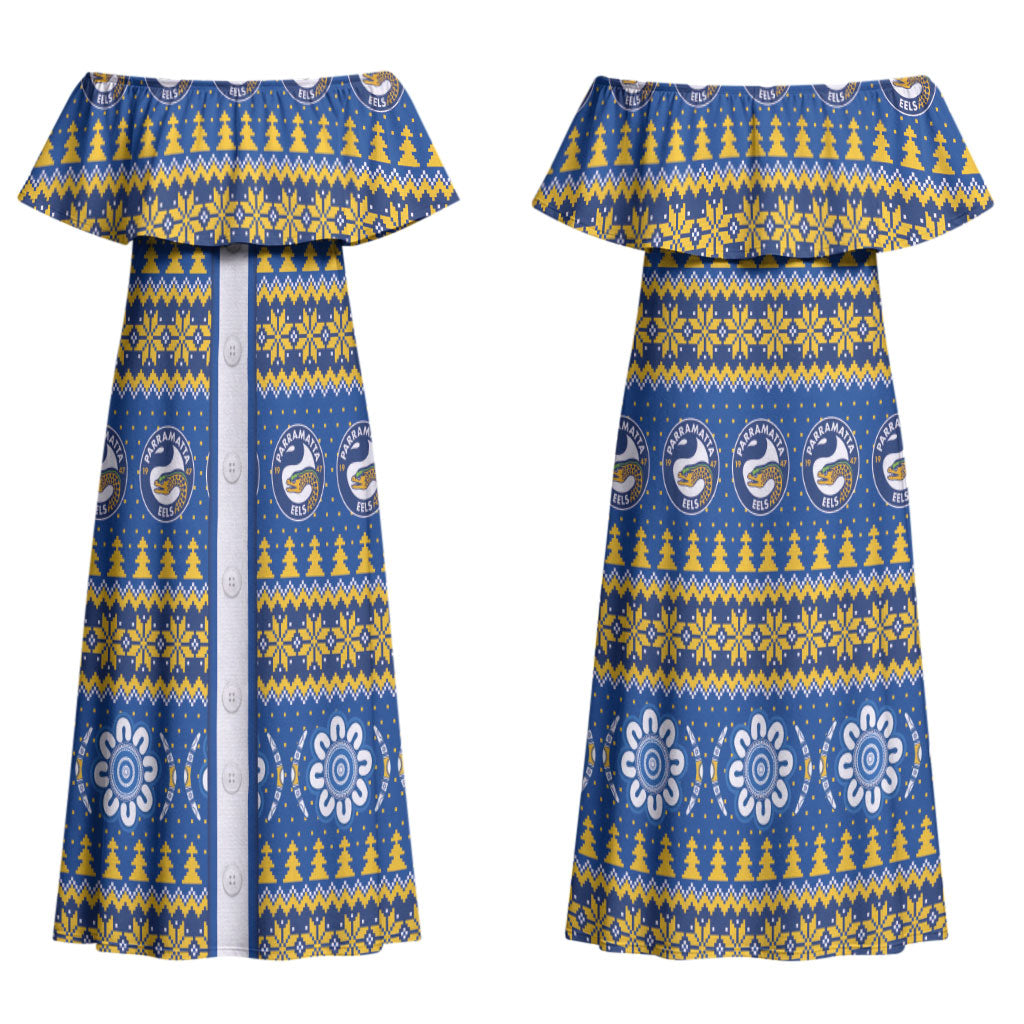 Eels Rugby Christmas Couples Matching Off Shoulder Maxi Dress and Long Sleeve Button Shirt Aboriginal Seamless Cardigan Inspired