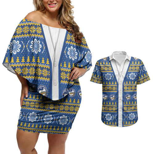 Eels Rugby Christmas Couples Matching Off Shoulder Short Dress and Hawaiian Shirt Aboriginal Seamless Cardigan Inspired