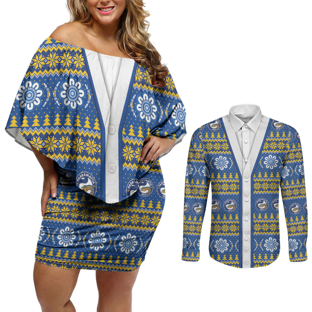 Eels Rugby Christmas Couples Matching Off Shoulder Short Dress and Long Sleeve Button Shirt Aboriginal Seamless Cardigan Inspired