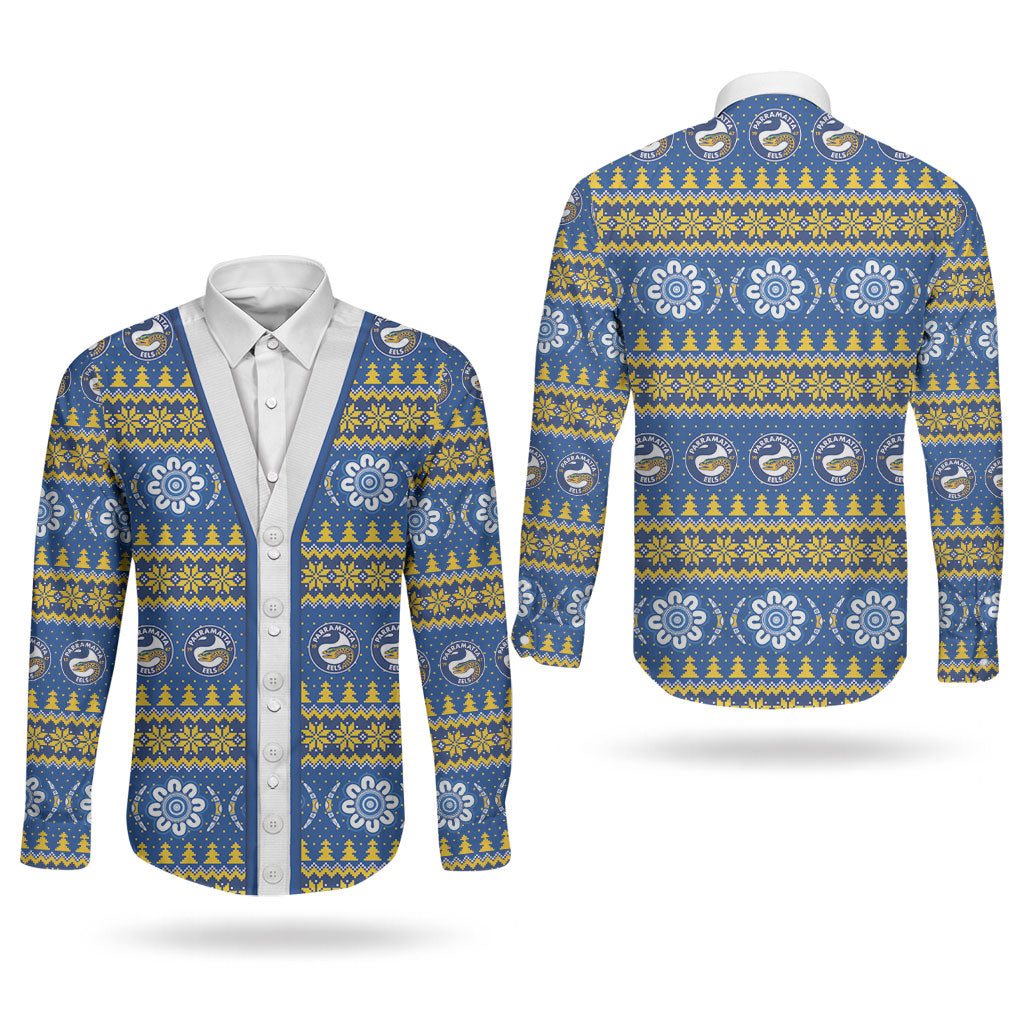 Eels Rugby Christmas Couples Matching Off Shoulder Short Dress and Long Sleeve Button Shirt Aboriginal Seamless Cardigan Inspired