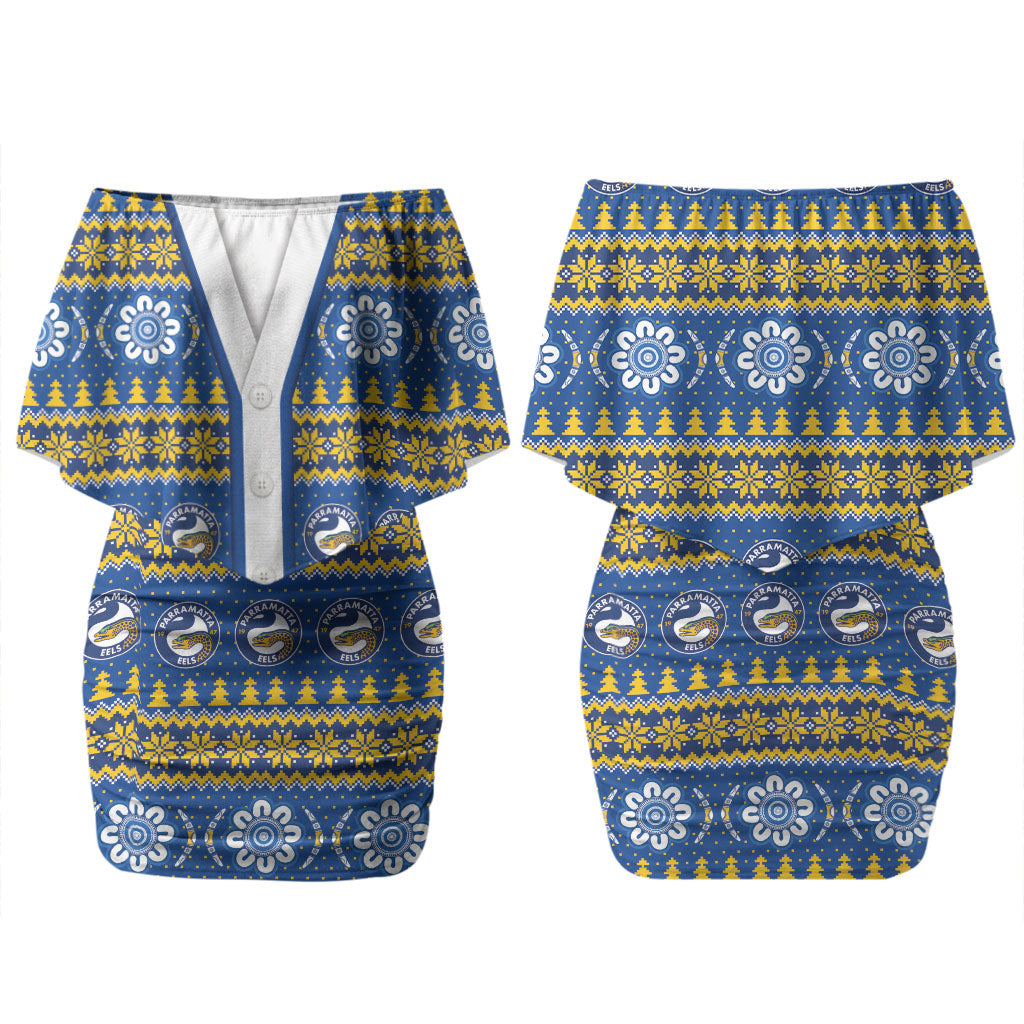 Eels Rugby Christmas Couples Matching Off Shoulder Short Dress and Long Sleeve Button Shirt Aboriginal Seamless Cardigan Inspired