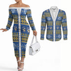 Eels Rugby Christmas Couples Matching Off The Shoulder Long Sleeve Dress and Long Sleeve Button Shirt Aboriginal Seamless Cardigan Inspired
