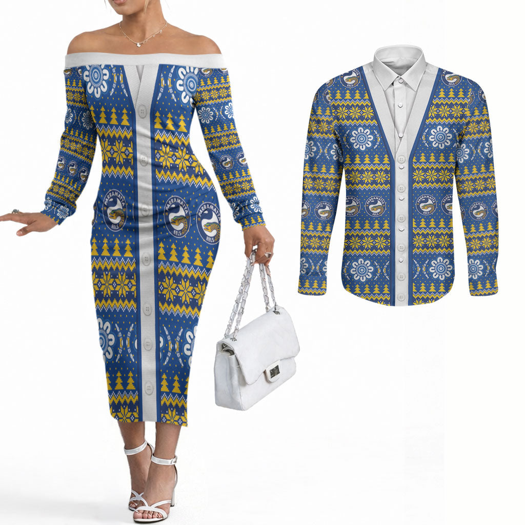 Eels Rugby Christmas Couples Matching Off The Shoulder Long Sleeve Dress and Long Sleeve Button Shirt Aboriginal Seamless Cardigan Inspired