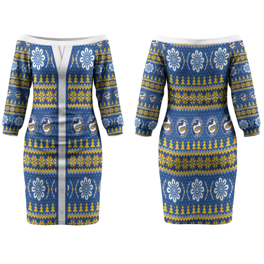 Eels Rugby Christmas Couples Matching Off The Shoulder Long Sleeve Dress and Long Sleeve Button Shirt Aboriginal Seamless Cardigan Inspired