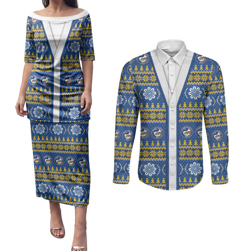 Eels Rugby Christmas Couples Matching Puletasi and Long Sleeve Button Shirt Aboriginal Seamless Cardigan Inspired