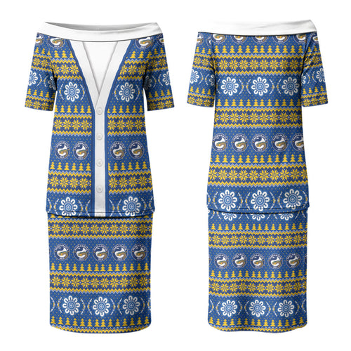 Eels Rugby Christmas Couples Matching Puletasi and Long Sleeve Button Shirt Aboriginal Seamless Cardigan Inspired