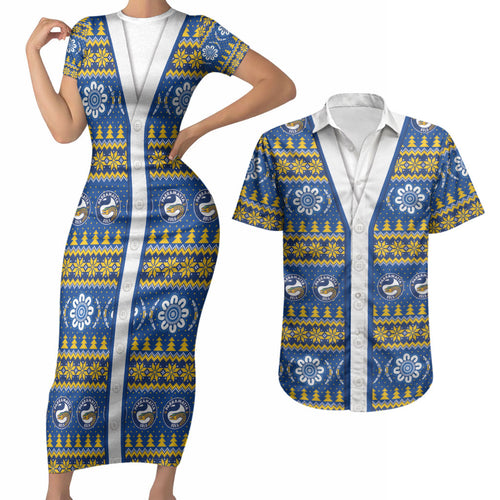 Eels Rugby Christmas Couples Matching Short Sleeve Bodycon Dress and Hawaiian Shirt Aboriginal Seamless Cardigan Inspired