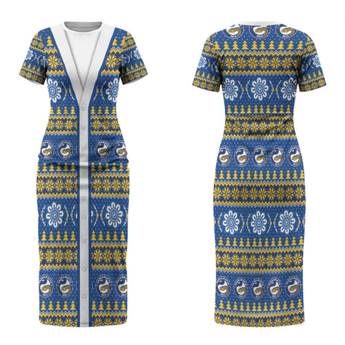 Eels Rugby Christmas Couples Matching Short Sleeve Bodycon Dress and Long Sleeve Button Shirt Aboriginal Seamless Cardigan Inspired