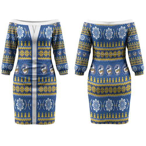 Eels Rugby Christmas Family Matching Off The Shoulder Long Sleeve Dress and Hawaiian Shirt Aboriginal Seamless Cardigan Inspired