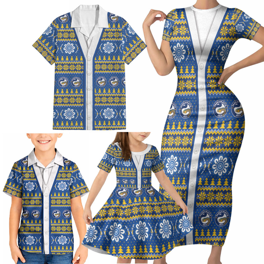 Eels Rugby Christmas Family Matching Short Sleeve Bodycon Dress and Hawaiian Shirt Aboriginal Seamless Cardigan Inspired
