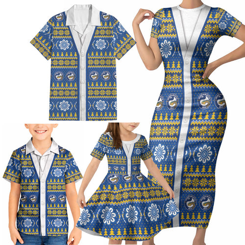 Eels Rugby Christmas Family Matching Short Sleeve Bodycon Dress and Hawaiian Shirt Aboriginal Seamless Cardigan Inspired