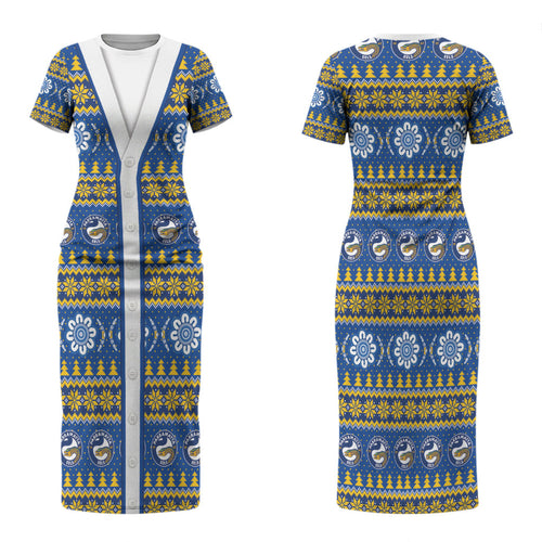Eels Rugby Christmas Family Matching Short Sleeve Bodycon Dress and Hawaiian Shirt Aboriginal Seamless Cardigan Inspired