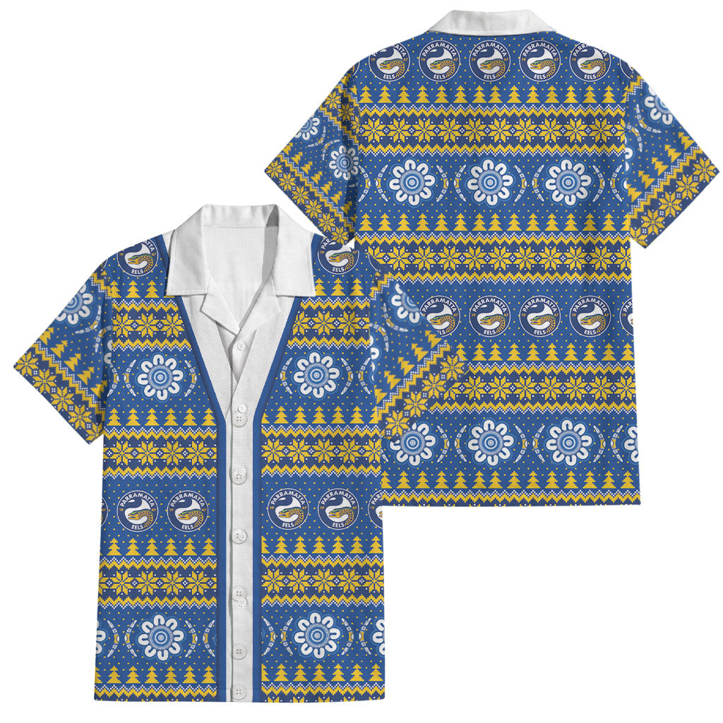 Eels Rugby Christmas Family Matching Short Sleeve Bodycon Dress and Hawaiian Shirt Aboriginal Seamless Cardigan Inspired