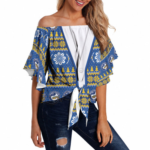 Eels Rugby Christmas Off Shoulder Wrap Waist Top Aboriginal Seamless Cardigan Inspired