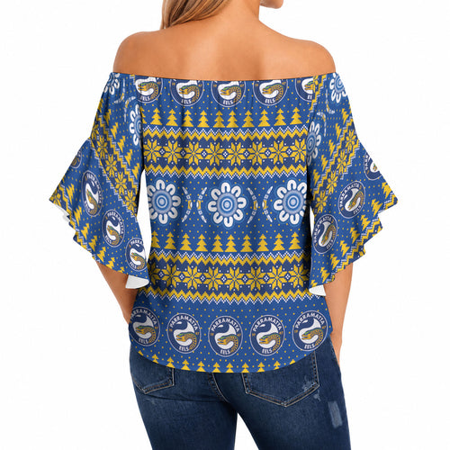 Eels Rugby Christmas Off Shoulder Wrap Waist Top Aboriginal Seamless Cardigan Inspired