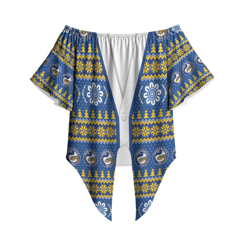 Eels Rugby Christmas Off Shoulder Wrap Waist Top Aboriginal Seamless Cardigan Inspired