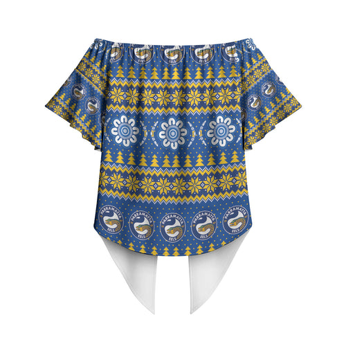 Eels Rugby Christmas Off Shoulder Wrap Waist Top Aboriginal Seamless Cardigan Inspired