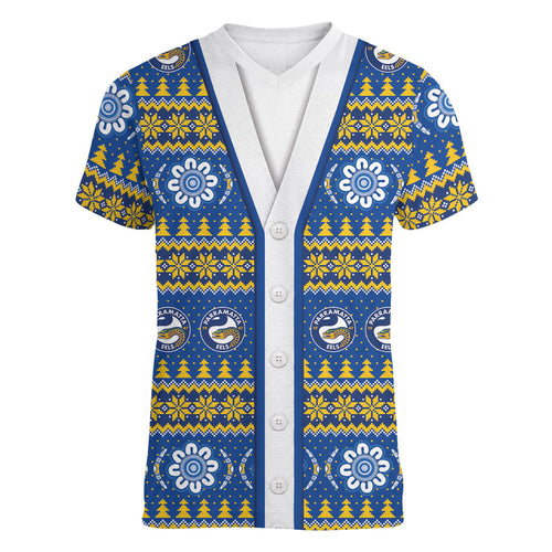 Eels Rugby Christmas Women V-Neck T-Shirt Aboriginal Seamless Cardigan Inspired