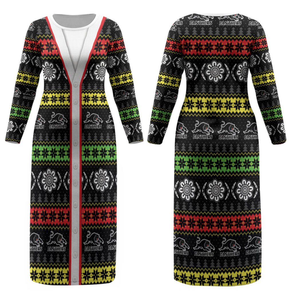 Panthers Rugby Christmas Couples Matching Long Sleeve Bodycon Dress and Hawaiian Shirt Aboriginal Seamless Cardigan Inspired