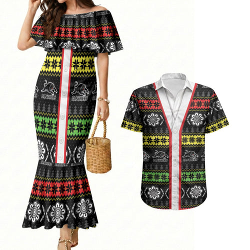 Panthers Rugby Christmas Couples Matching Mermaid Dress and Hawaiian Shirt Aboriginal Seamless Cardigan Inspired