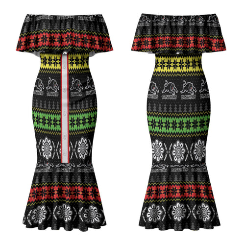 Panthers Rugby Christmas Couples Matching Mermaid Dress and Hawaiian Shirt Aboriginal Seamless Cardigan Inspired