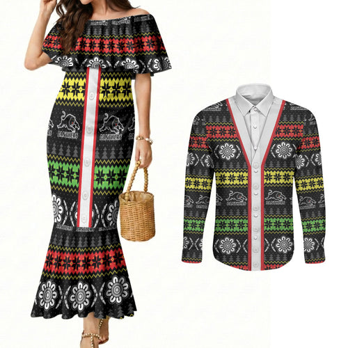 Panthers Rugby Christmas Couples Matching Mermaid Dress and Long Sleeve Button Shirt Aboriginal Seamless Cardigan Inspired