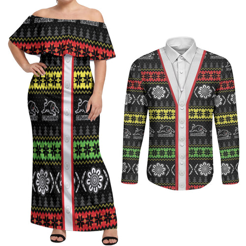 Panthers Rugby Christmas Couples Matching Off Shoulder Maxi Dress and Long Sleeve Button Shirt Aboriginal Seamless Cardigan Inspired