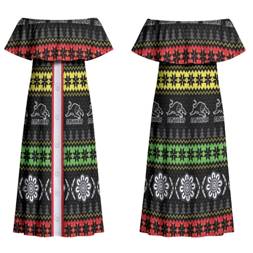 Panthers Rugby Christmas Couples Matching Off Shoulder Maxi Dress and Long Sleeve Button Shirt Aboriginal Seamless Cardigan Inspired