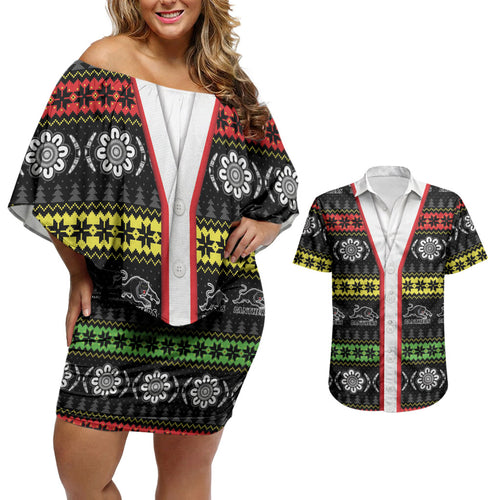 Panthers Rugby Christmas Couples Matching Off Shoulder Short Dress and Hawaiian Shirt Aboriginal Seamless Cardigan Inspired