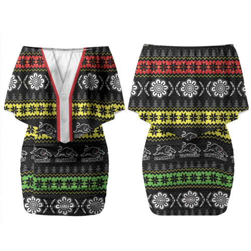 Panthers Rugby Christmas Couples Matching Off Shoulder Short Dress and Hawaiian Shirt Aboriginal Seamless Cardigan Inspired