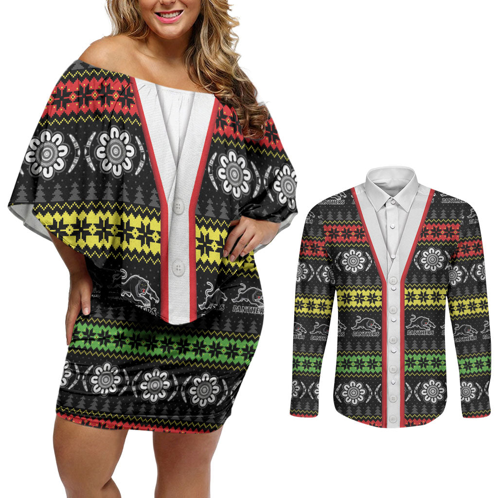 Panthers Rugby Christmas Couples Matching Off Shoulder Short Dress and Long Sleeve Button Shirt Aboriginal Seamless Cardigan Inspired