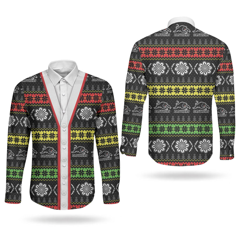 Panthers Rugby Christmas Couples Matching Off Shoulder Short Dress and Long Sleeve Button Shirt Aboriginal Seamless Cardigan Inspired
