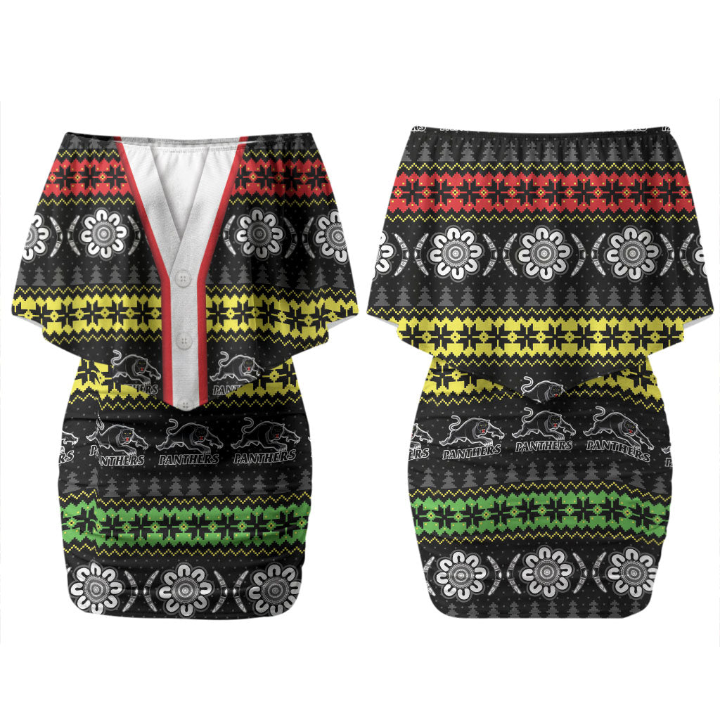 Panthers Rugby Christmas Couples Matching Off Shoulder Short Dress and Long Sleeve Button Shirt Aboriginal Seamless Cardigan Inspired