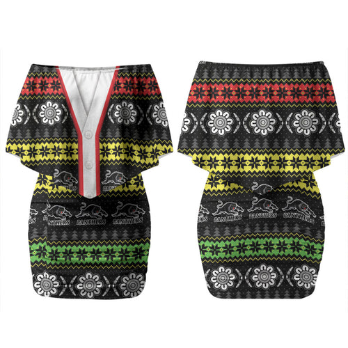 Panthers Rugby Christmas Couples Matching Off Shoulder Short Dress and Long Sleeve Button Shirt Aboriginal Seamless Cardigan Inspired