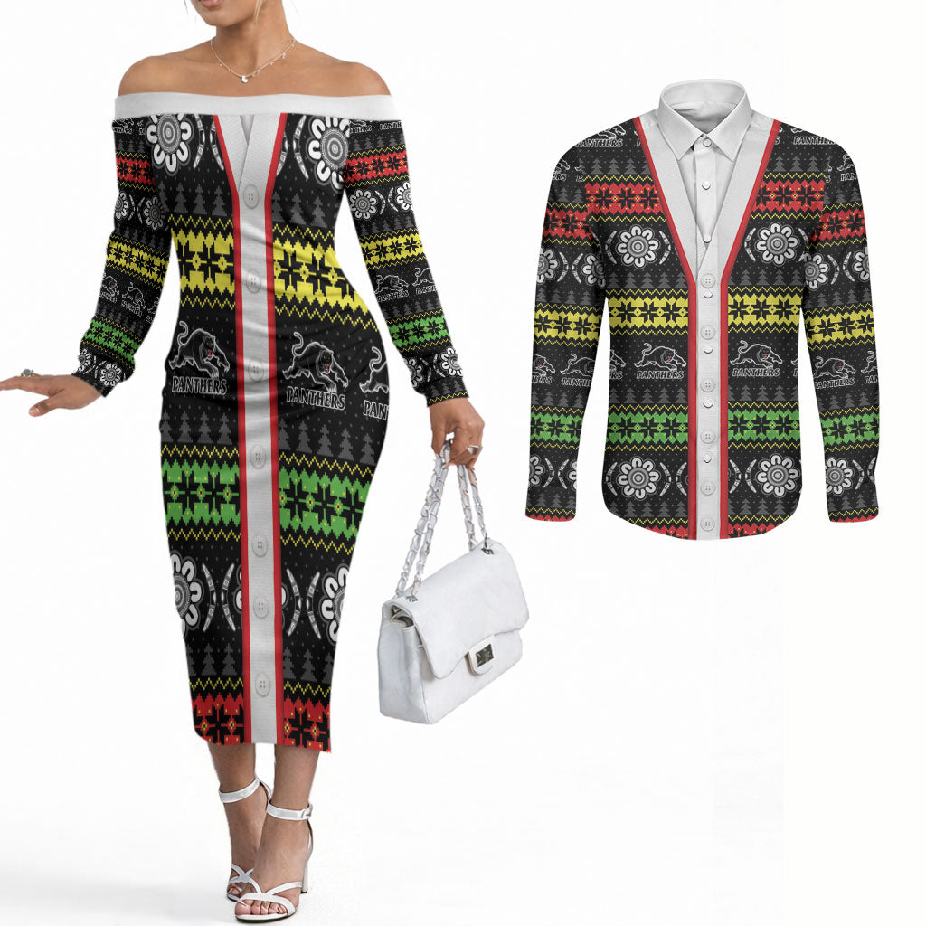 Panthers Rugby Christmas Couples Matching Off The Shoulder Long Sleeve Dress and Long Sleeve Button Shirt Aboriginal Seamless Cardigan Inspired
