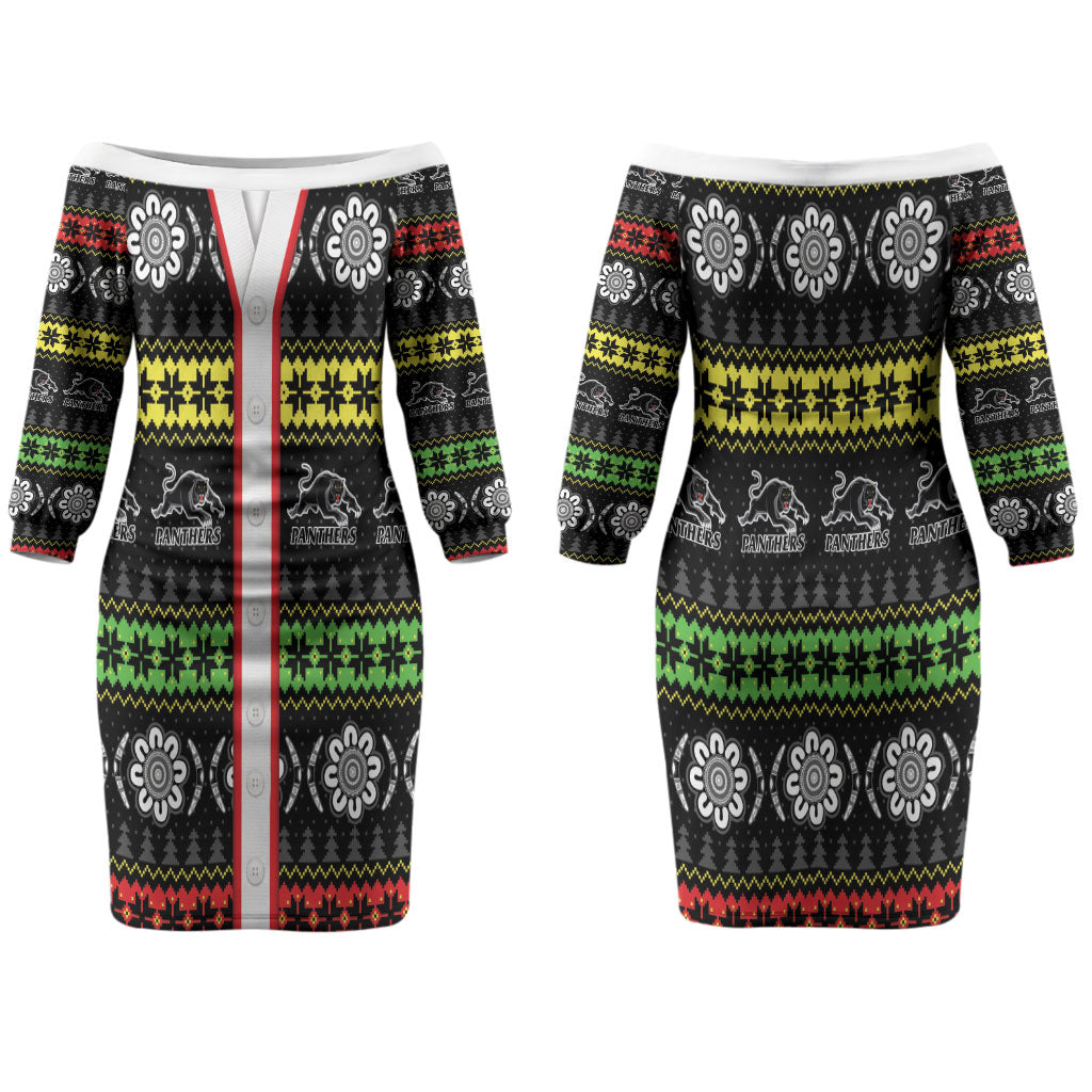 Panthers Rugby Christmas Couples Matching Off The Shoulder Long Sleeve Dress and Long Sleeve Button Shirt Aboriginal Seamless Cardigan Inspired