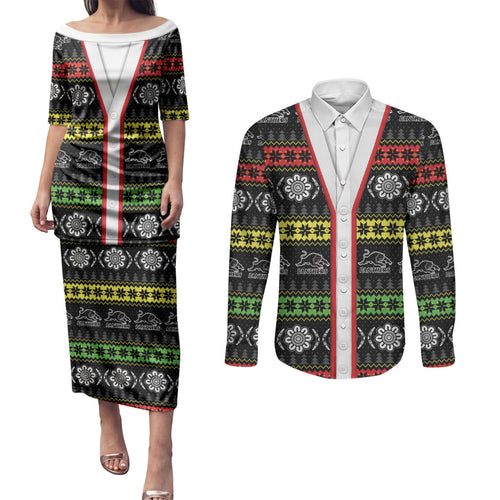 Panthers Rugby Christmas Couples Matching Puletasi and Long Sleeve Button Shirt Aboriginal Seamless Cardigan Inspired