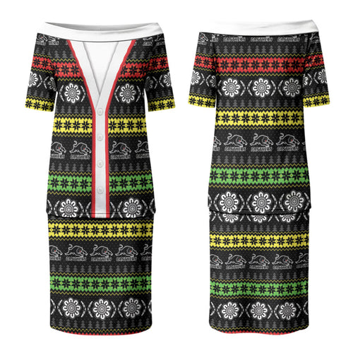 Panthers Rugby Christmas Couples Matching Puletasi and Long Sleeve Button Shirt Aboriginal Seamless Cardigan Inspired
