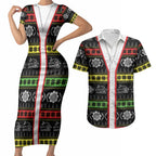 Panthers Rugby Christmas Couples Matching Short Sleeve Bodycon Dress and Hawaiian Shirt Aboriginal Seamless Cardigan Inspired