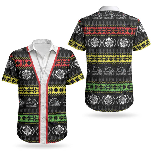 Panthers Rugby Christmas Couples Matching Short Sleeve Bodycon Dress and Hawaiian Shirt Aboriginal Seamless Cardigan Inspired