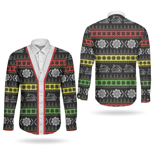 Panthers Rugby Christmas Couples Matching Short Sleeve Bodycon Dress and Long Sleeve Button Shirt Aboriginal Seamless Cardigan Inspired
